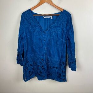 Soft Surroundings Blue Lace‎ Button Lagenlook Boho Funky Artsy Top Blouse Medium